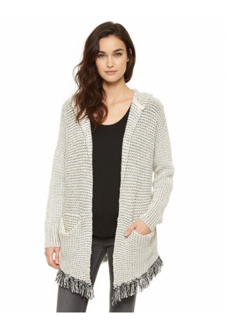 Free People Love Me Tender cardigan, textured knit design, a hood, a Fringe Hem
